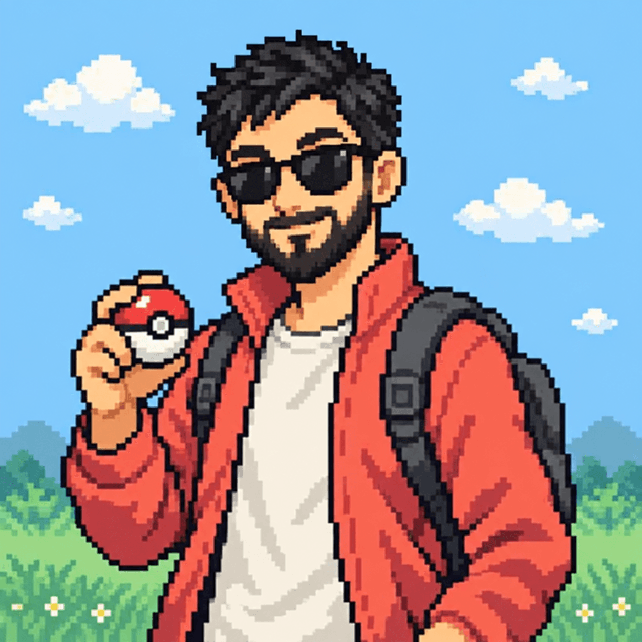 Retrato pixel art de Cristian con gafas de sol y chaqueta coral, sosteniendo una Poké Ball
